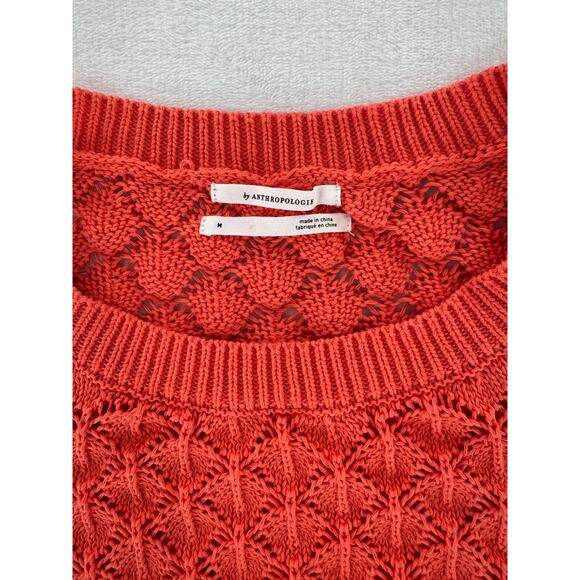 Anthropologie Flounce Hem Pointelle Sweater Orange Coral Knit Lace Sweater M - Picture 8 of 11